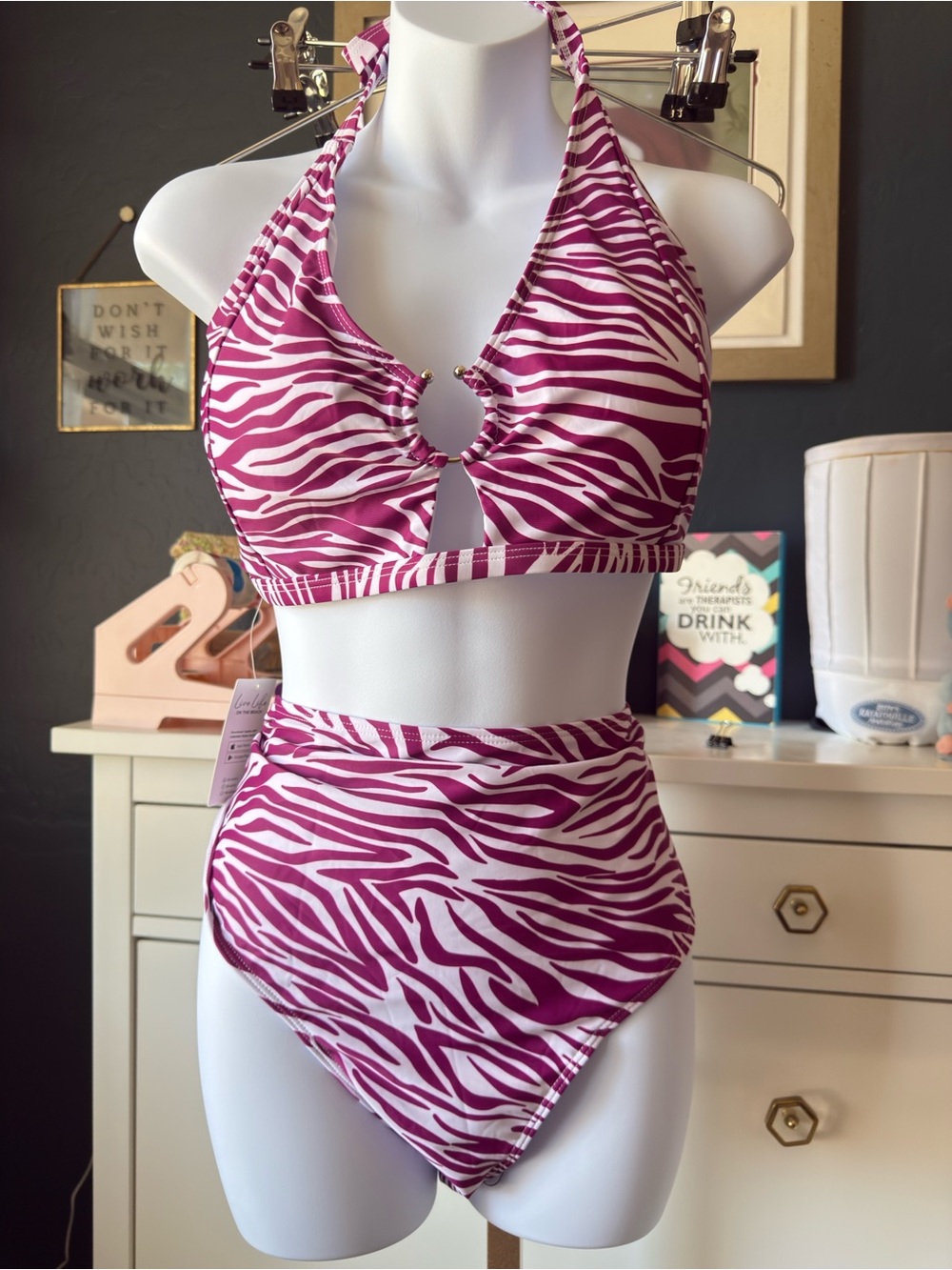 Cupshe Pink White Zebra Halter High-Waist Bikini